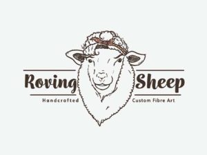 Roving Sheep handcrafted custom fibre art logo is displayed showing an illustrated sheep head with a red and yellow bandana