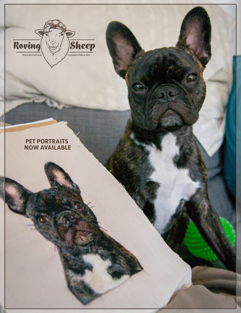Social media ad for Roving Sheep showing a pet dog next to his wool portrait
